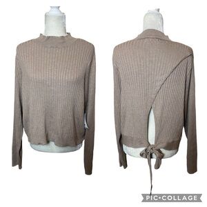 Society 212 Tan Ribbed Mock Neck Cut Out Tie Back Long Sleeve Sweater Size XL